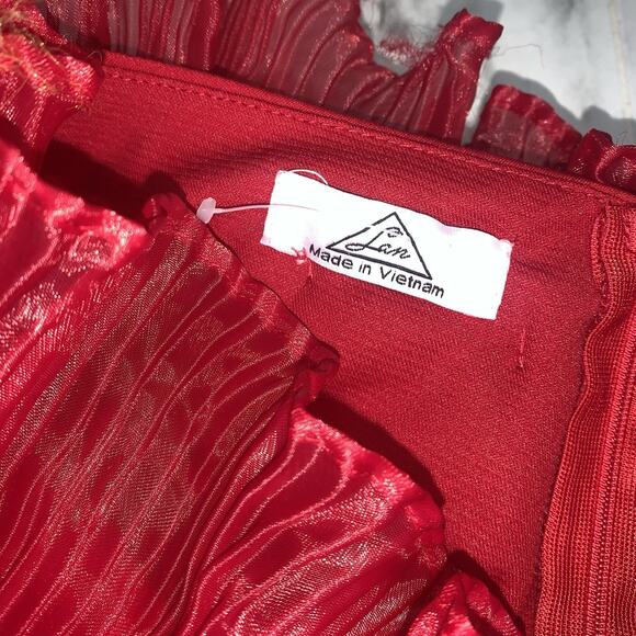 LAN Red Off Shoulder Ruffled Sleeveless Midi Slit Cocktail Evening Party Dress - Picture 3 of 10